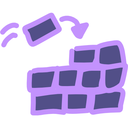 a purple wall made of rectangles. One rectangle sits diagonally above the wall with two motion lines behind it, and a curved arrow points from the rectangle to the wall. The image has light line art